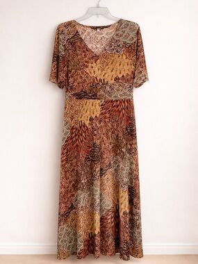 MSK V-Neck Boho Maxi Dress in Brown and Tan Multi